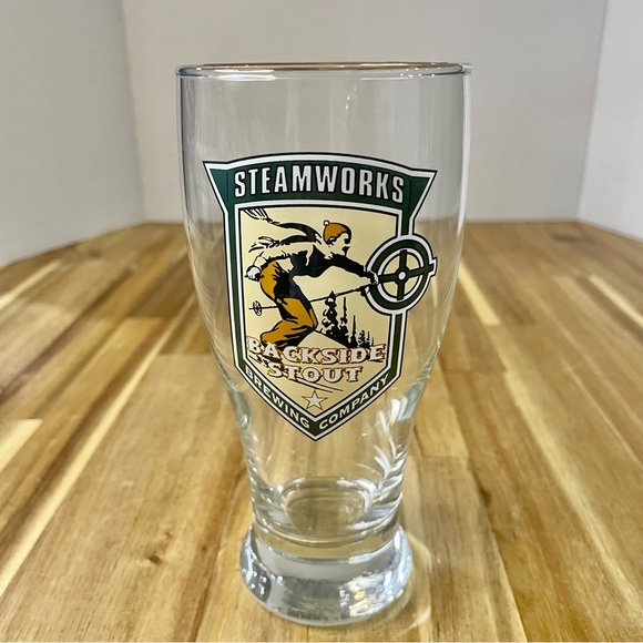 Steamworks Brewing Company Beer Glass 6 1/2” tall Skier Logo Retro Pilsner Glass - Picture 1 of 7